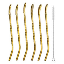 Набор многоразовых ложек-трубочек 6 шт для напитков 19.5 см с щеткой для мытья из нержавеющей стали Бронзовый HP-20-55