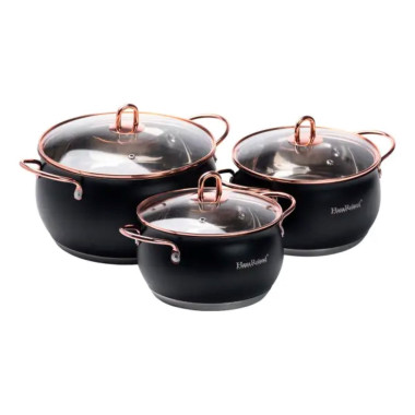 Набір каструль із нержавіючої сталі 2,6 л - 3,6 л - 6,1 л зі скляними кришками HP33525B (LG-HP33525B)