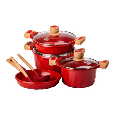 Набір посуду, 3 каструлі, товстодонне алюмінієве дно MGC з лопаткою та ополоником, червоний HP-4-401R (LG-2358506264)