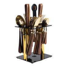 Набор столовых приборов на 6 персон с деревянными ручками на подставке столовые приборы 24 шт Золото HP-20-2