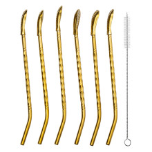 Набір багаторазових ложок-трубочок 6 шт для напоїв 19,5 см з щіткою Золотистий HP-20-56 (LG-HP-20-56)