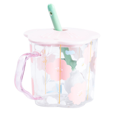 Чашка скляна 500 мл з ложкою і кришкою Рожевий HP7213P (LG-2148787692)