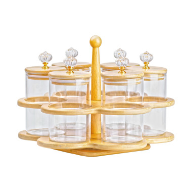 Банки для сипучих продуктів набір із 6 штук по 580 мл на дерев'яній підставці HP16292 (LG-2148787736)