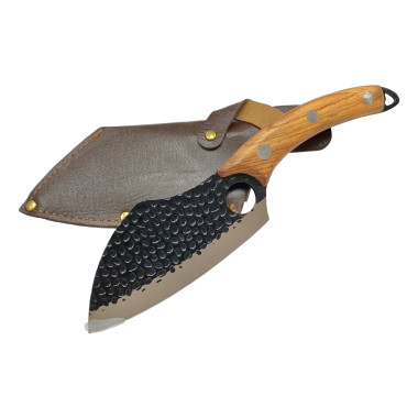 Нож-топорик кухонный кованый KingGary 260мм обвалочный кожаным чехлом